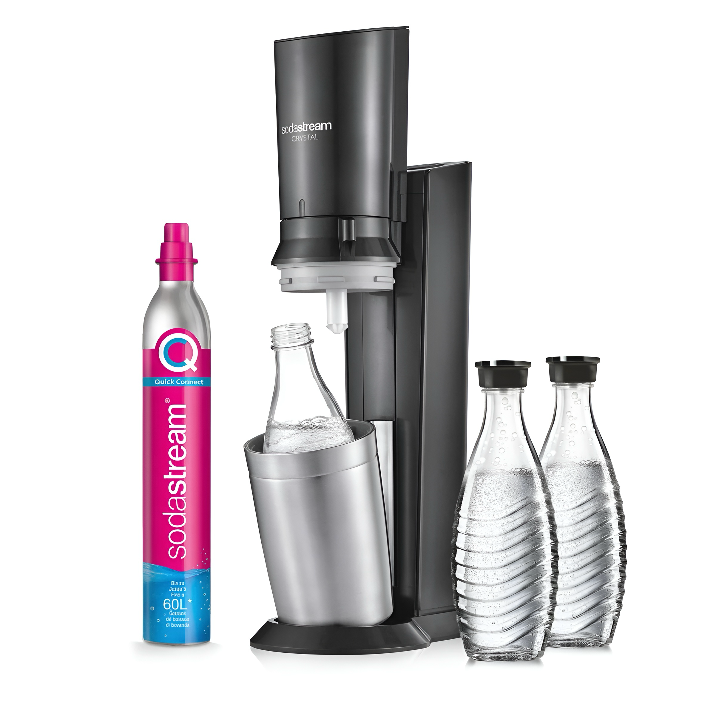 SodaStream Wassersprudler Crystal 3.0, 2x Pepsi Sirup 5x Glaskaraffen, Flaschenhalter Schwarz, Flaschenbürste
