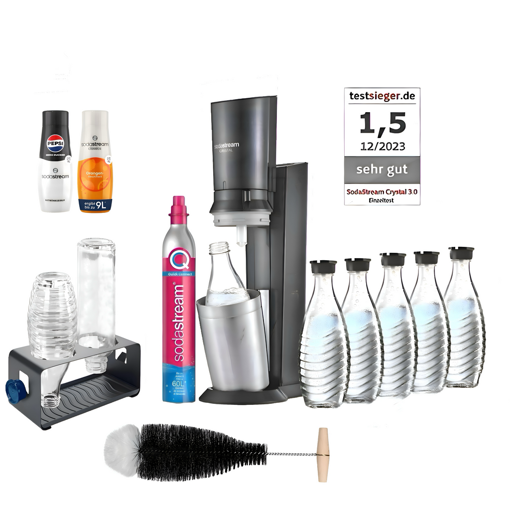 SodaStream Wassersprudler Crystal 3.0, 2x Pepsi Sirup 5x Glaskaraffen, Flaschenhalter Schwarz, Flaschenbürste