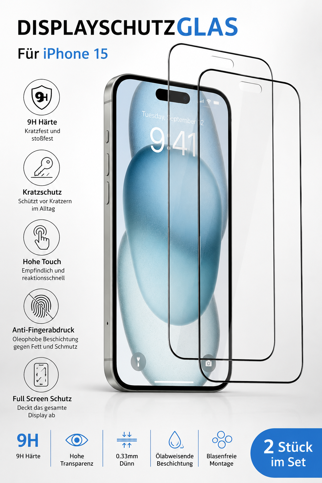 Displayschutzglas für iPhone 15 – 2 Stück 9H Hartglas Full Screen Kratzfest