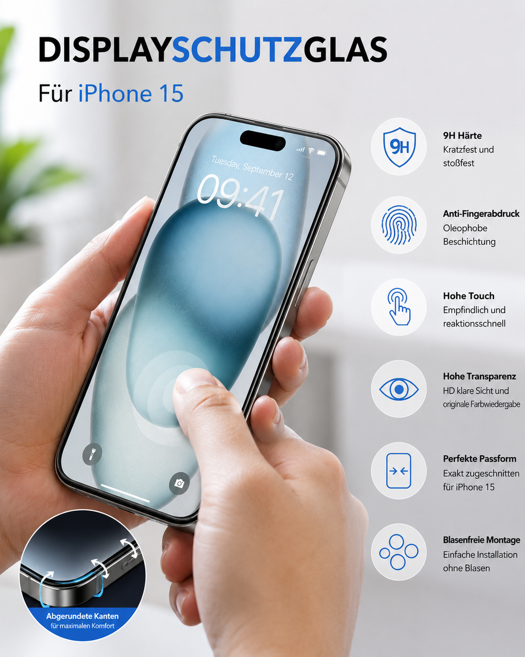 Displayschutzglas für iPhone 15 – 2 Stück 9H Hartglas Full Screen Kratzfest