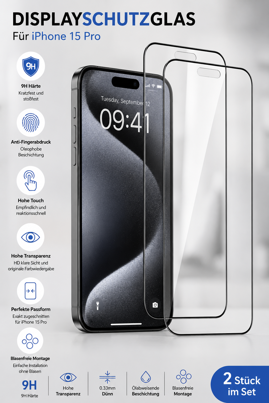 Displayschutzglas für iPhone 15 Pro – 2 Stück 9H Hartglas Full Screen Kratzfest