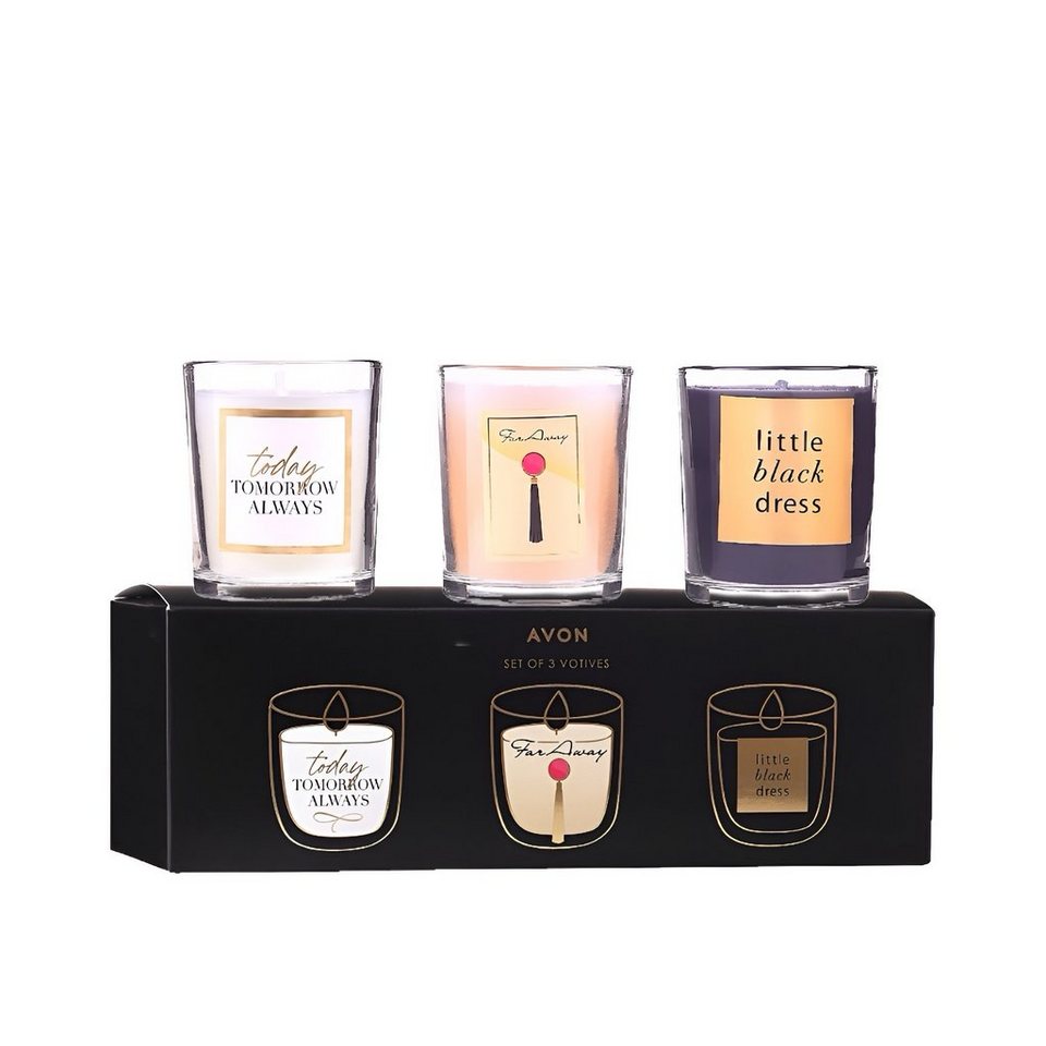 AVON Cosmetics Duftkerze Geschenkset, Duftkerzen, Aromatherapie Kerzen im Glas Zimmer Deko (Geschenkset, 3-tlg., Kerze: Today 70g Far Away 70 g Little Black Dress 70 g), Kerzenlicht, Geschenk, Dekorative Elemente, Raumduft, Duft