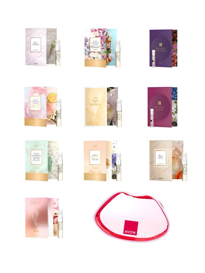 AVON Cosmetics Eau de Parfum AVON Testset Mi: 10 exklusive Parfümproben à 0,6 ml in Kosmetiktasche, 10-tlg., The Moment, Rare Gold, Wonder, Tomorrow, Confidence, Beyond The Moon