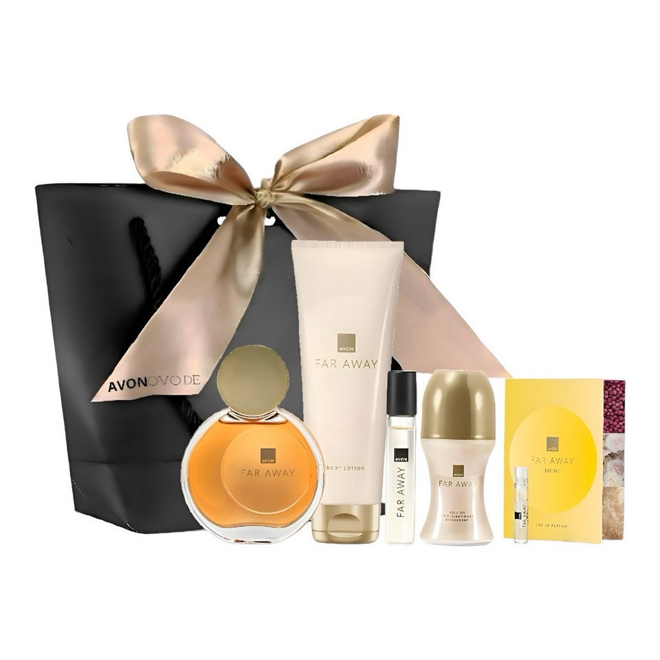 AVON Eau de Parfum Damen FAR AWAY Neue Spray 50 ml, Taschenspray, Körperlotion, Deoroller, 6-tlg., Geschenkset, orientalisch, blumig, Pflege, Duftgeschenk