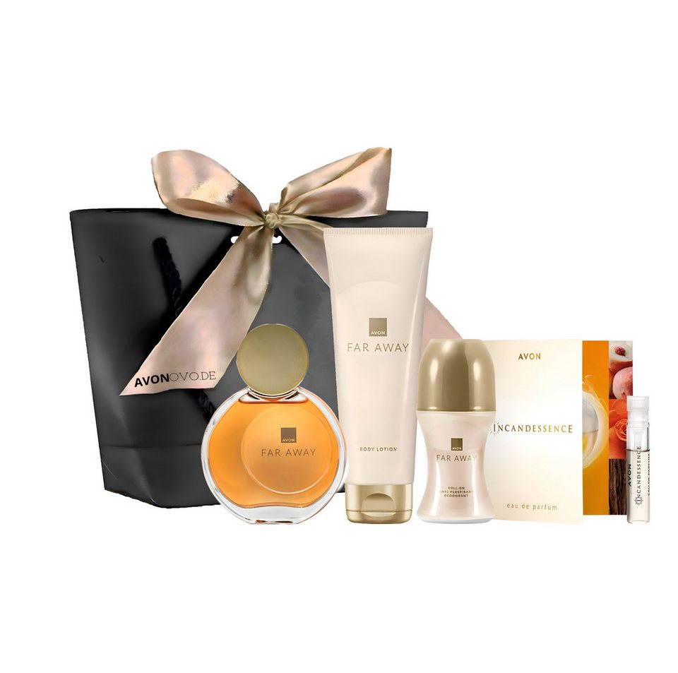 AVON Cosmetics Eau de Parfum FAR AWAY 50 ml, Körperlotion 125 ml, Deoroller 50 ml, Geschenkset, 5-tlg., Parfum Damen, Exotische Duftkomposition mit Sandelholz & Jasmin