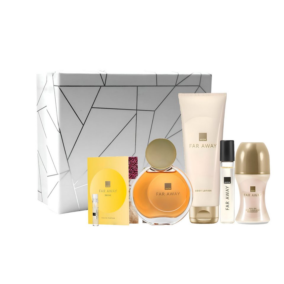 AVON Cosmetics Eau de Parfum Far Away 50ml, Taschenspray 10ml, Neue Design, Körperlotion, 6-tlg., Duftset, Geschenkset Damen, limitierte Edition, Körperpflege