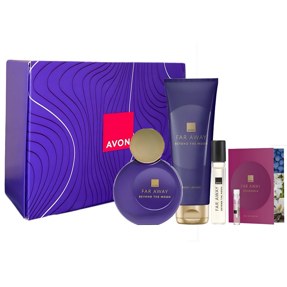 AVON Eau de Parfum FAR AWAY BEYOND THE MOON 50 ml, BOX, Taschenspray, Körperlotion, 5-tlg., Geschenkset, Geschenktasche, Wildkirsche, Sandelholz