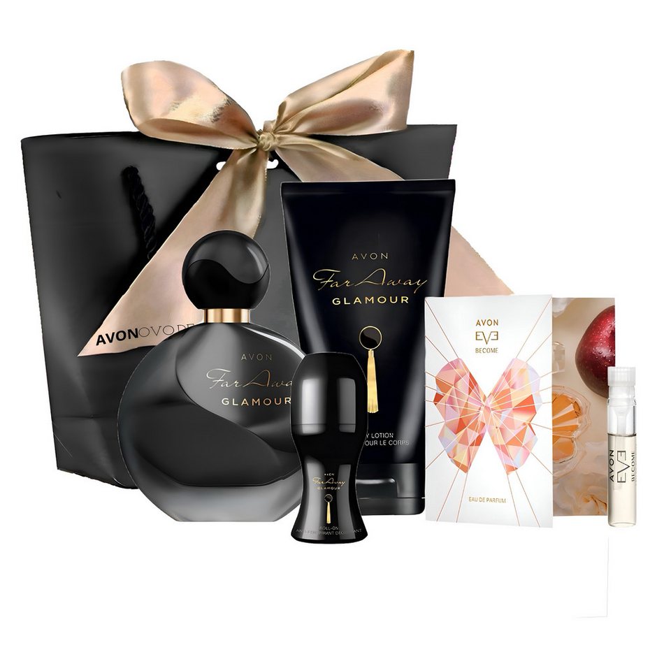 AVON Eau de Parfum FAR AWAY GLAMOUR Geschenkset: Spray 50 ml, Körperlotion 125 ml, 5-tlg., lumig-orientalischer Duft, Madagaskar-Vanille
