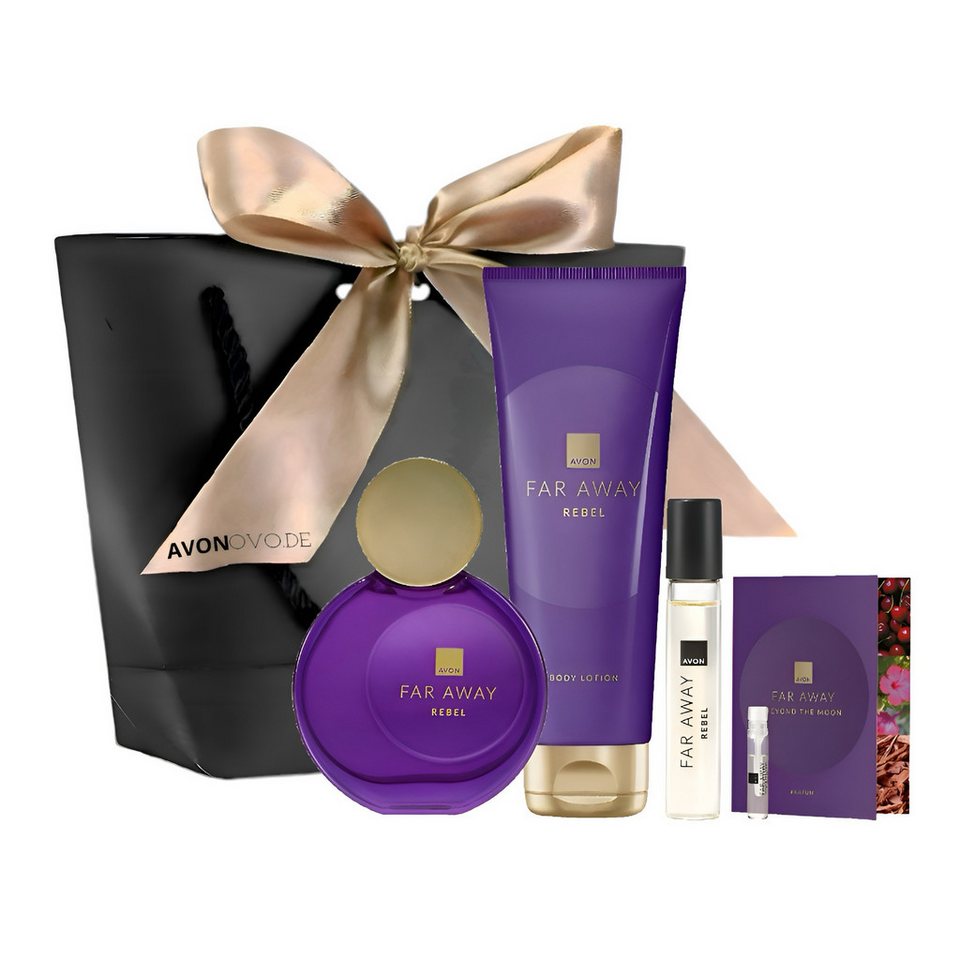 AVON Cosmetics Eau de Parfum FAR AWAY REBEL NEUE 50 ml, Körperlotion, Taschenspray, Geschenkset, 5-tlg., Sinnliche Duftkomposition, Hochwertige Inhaltsstoffe, Ideales Geschenk