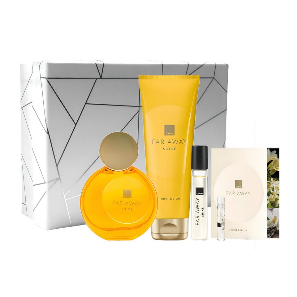 AVON Cosmetics Eau de Parfum FAR AWAY SHEIN 50ml, Taschenspray 10ml, Körperlotion, Geschenkbox, 5-tlg., Geschenkset für Frauen, Lang anhaltender Duft, Nachhaltige, Set