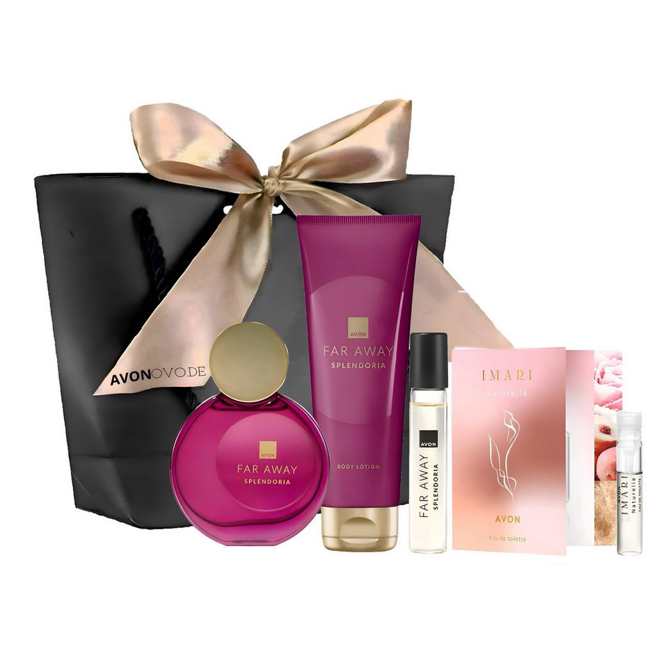 AVON Cosmetics Eau de Parfum FAR AWAY SPLENDORIA 50ml, Körperlotion 125ml, Taschenspray 10ml, 5-tlg., Duftkomposition aus weißem Oud, schwarzer Pflaume und Vanille.