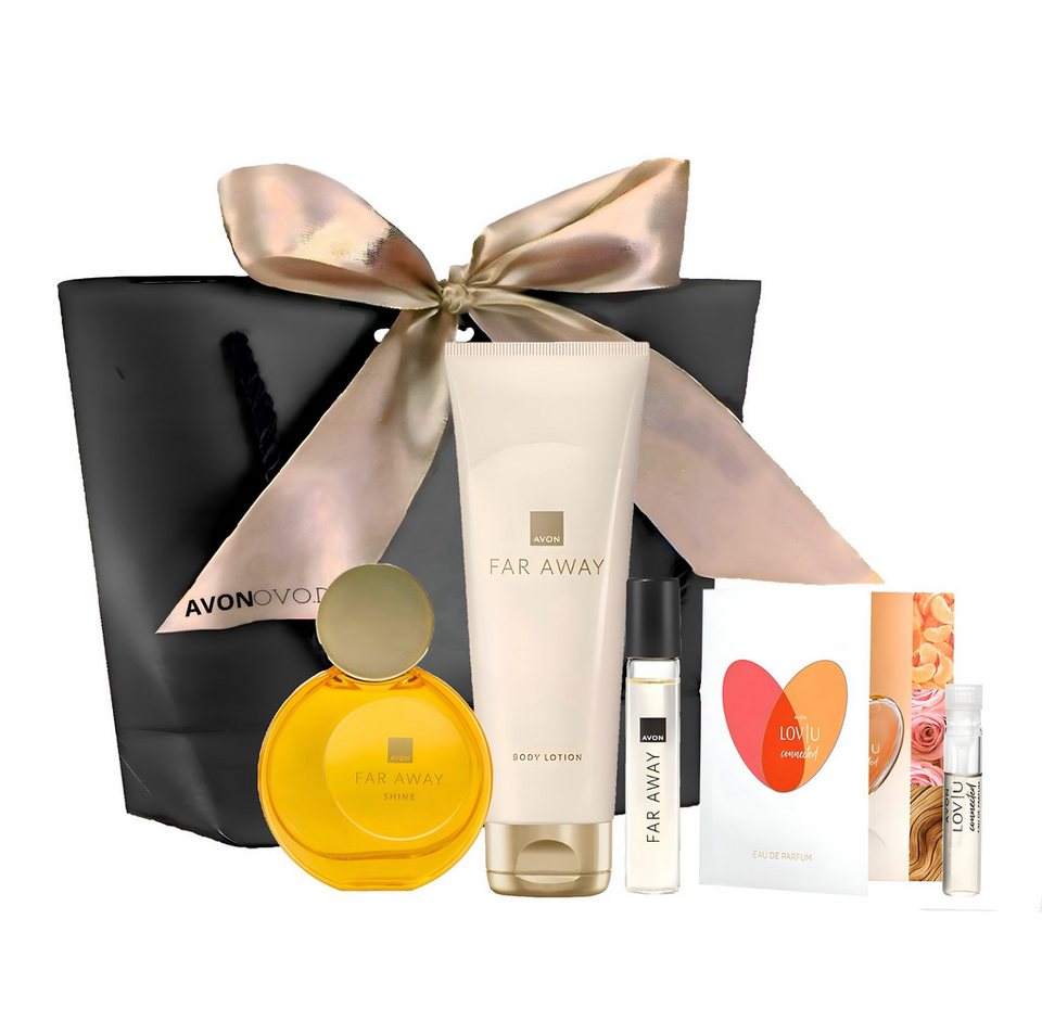 AVON Cosmetics Eau de Parfum FAR AWAY Spray 50ml, Körperlotion 125ml, Taschenspray 10ml., 5-tlg., Exotischer Duft mit blumig-warmen Noten
