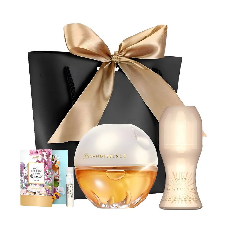 AVON Cosmetics Eau de Parfum INCANDESSENCE Spray 50ml, Deoroller 50 ml Geschenkset für Damen, 4-tlg., Damenparfüm, Blumiger Duft, Damenmode, Luxusduft, Kosmetik