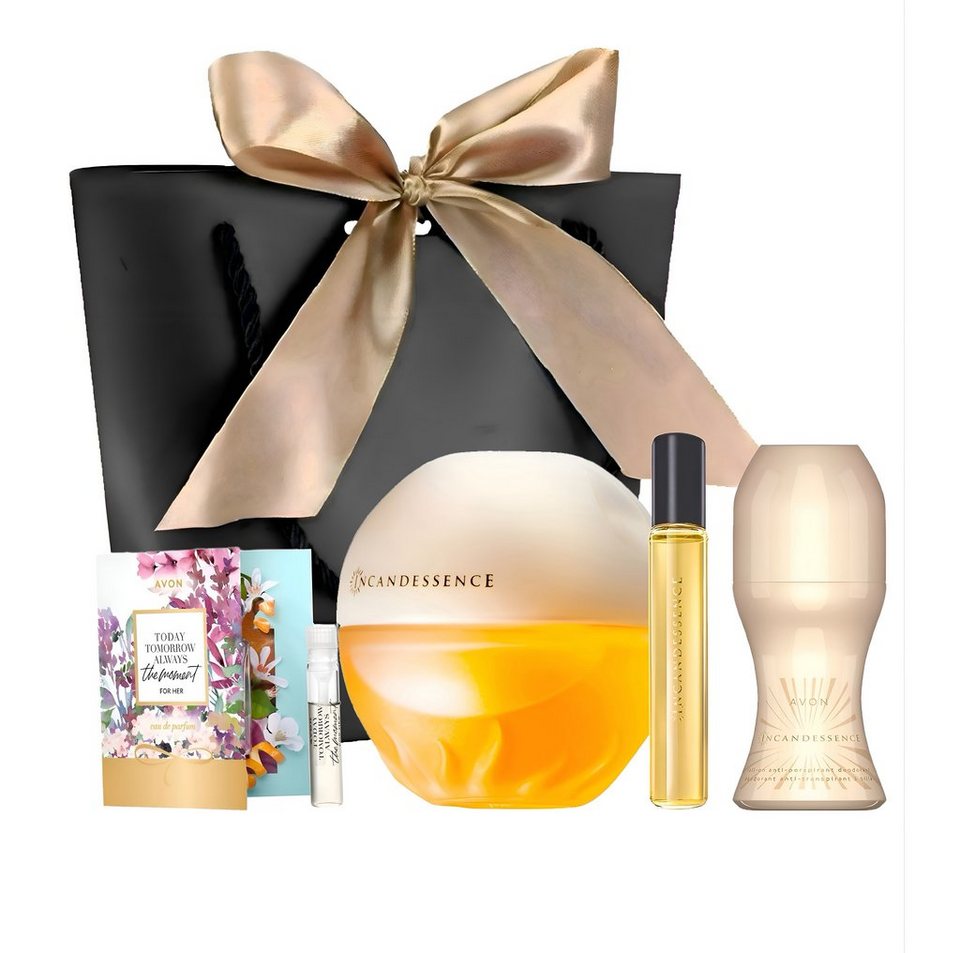 AVON Cosmetics Eau de Parfum INCANDESSENCE Spray 50ml, Taschenspray 10ml, Deoroller, 5-tlg., Damen parfüm, Blumiger Duft, Luxusduft