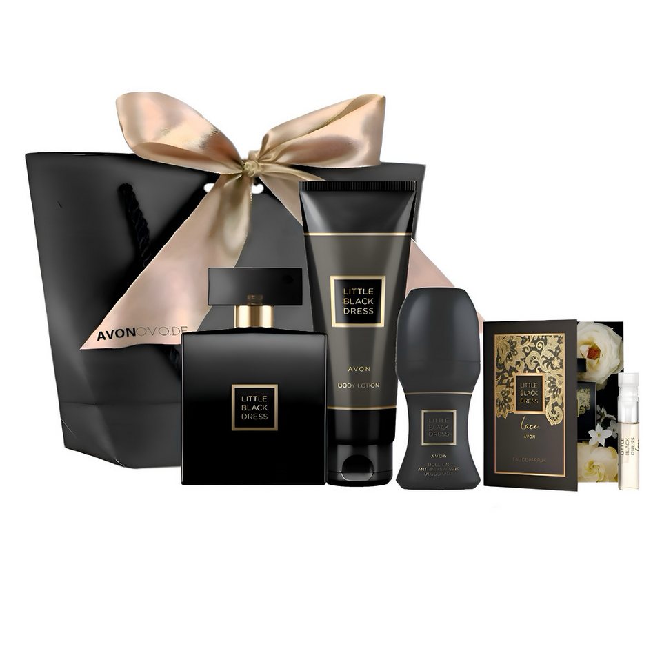 AVON Cosmetics Eau de Parfum LITTLE BLACK DRESS 100ml, Körperlotion 125ml, Deoroller Set, 5-tlg., Blumig-orientalischer Duft mit feuchtigkeitsspendender Pflege.