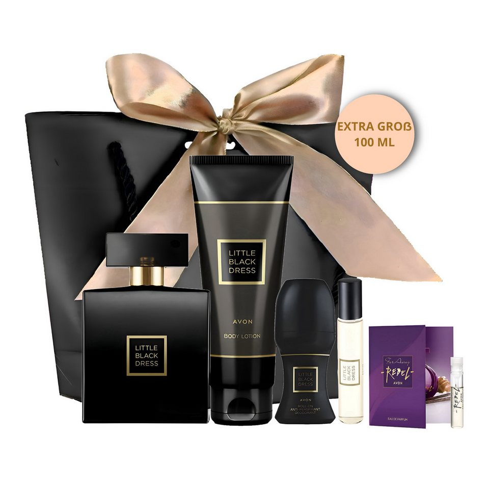 AVON Cosmetics Eau de Parfum LITTLE BLACK DRESS 100ml Taschenspray Körpercreme Deoroller Geschenk, 6-tlg., Zeitlose Eleganz, Exquisite Duftkomposition, Duftklassiker