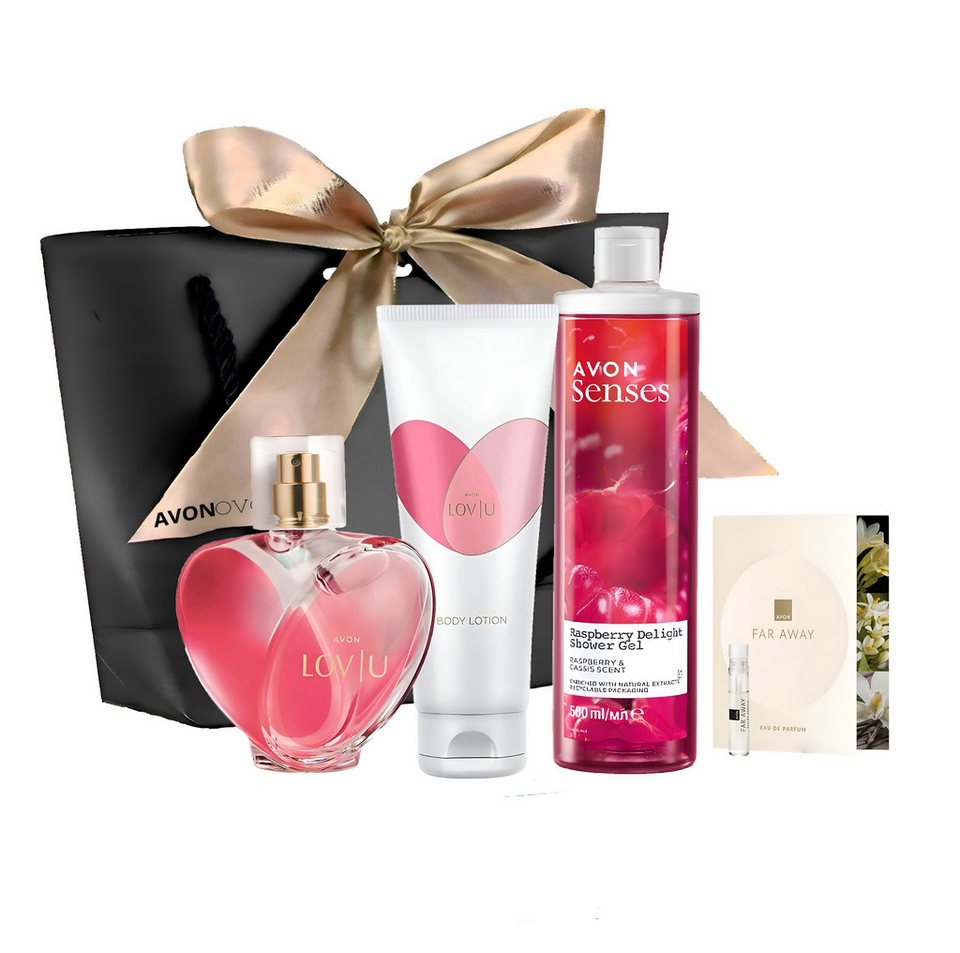 AVON Cosmetics Eau de Parfum Lov U Eau de Parfum, Body Lotion, and Raspberry Shower Gel, 5-tlg., langanhaltender Luxuriöses Duftset, tägliche Pflege, Geschenkset