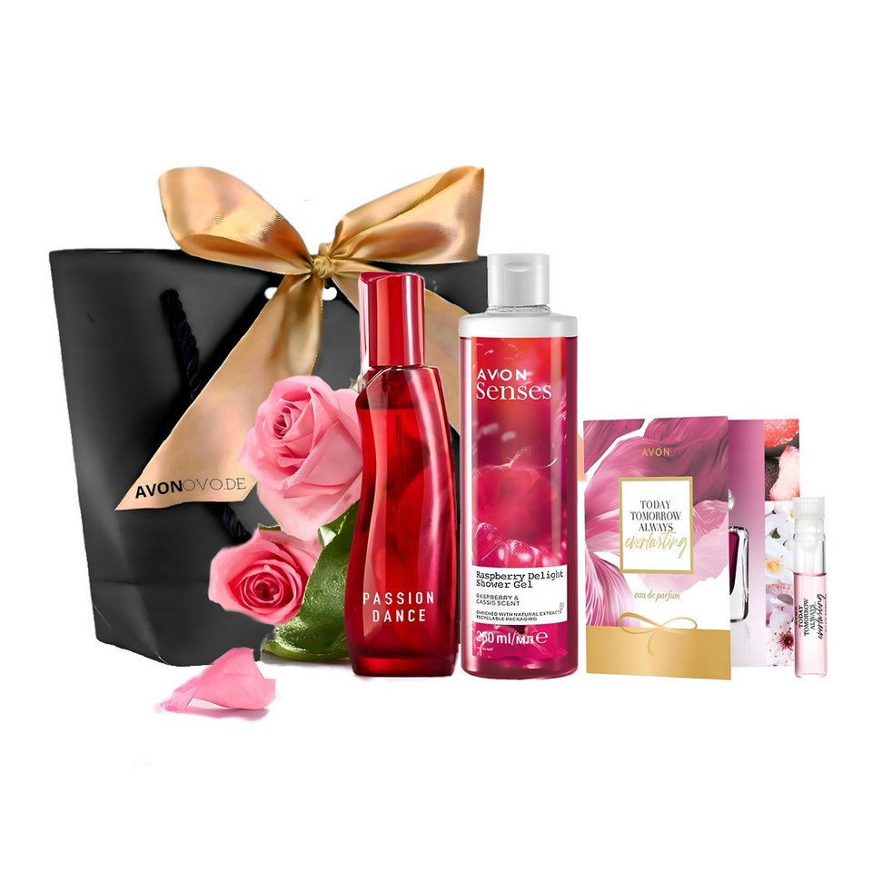 AVON Cosmetics Eau de Parfum Passion Dance 50 ml mit Himbeer-Duschgel 250 ml Duft- & Pflege-Set, 4-tlg., Verführung und Frische mit dem PASSION DANCE und Duschgel