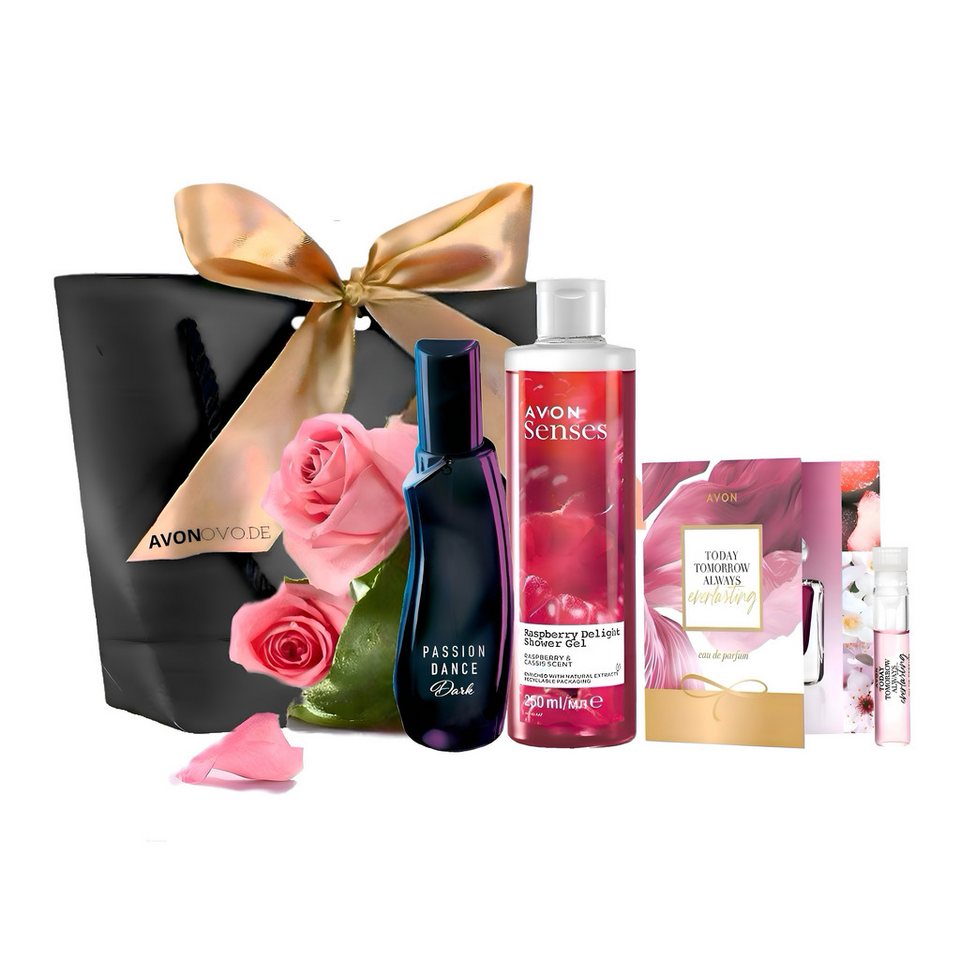 AVON Cosmetics Eau de Parfum PASSION DANCE DARK Eau de Toilette Spray 50 ml, RASPBERRY Duschgel, 4-tlg., Verführerischer blumig-fruchtiger Duft erfrischendes Himbeer-Duschgel.