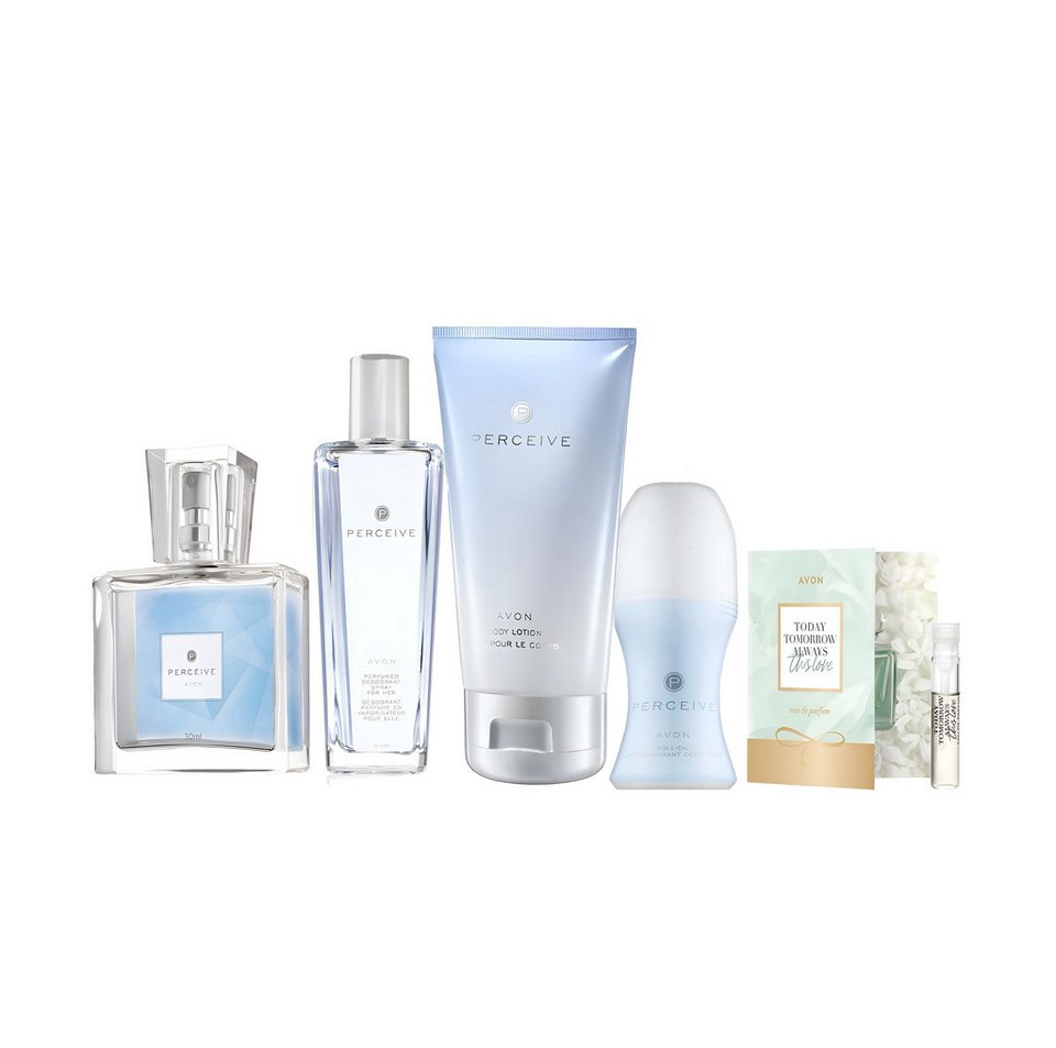 AVON Cosmetics Eau de Parfum PERCEIVE 30ml, Deospray 75ml, Körperlotion 125ml, Deoroller, 5-tlg., Frauenparfüm, langanhaltend, Pflege, Handtaschenformat, Geschenkset