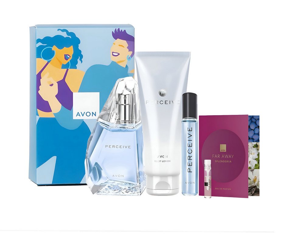 AVON Cosmetics Eau de Parfum Perceive 50 ml, Taschenspray, Korperlotion für Sie Geschenkbox 3-tlg., 3-tlg., Enthält Körperlotion, Parfum, Taschenspray in eleganten Geschenkbox.