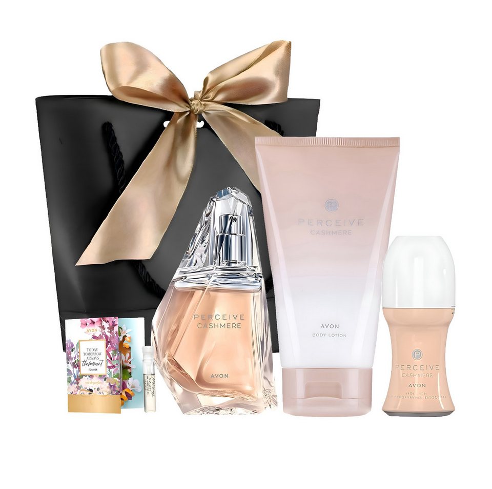 AVON Cosmetics Eau de Parfum PERCEIVE CASHMERE Spray 50ml, Körperlotion 150ml, Deoroller, 5-tlg., Duftkerzen, Geschenkset, Orientalisch, Luxus, Duftnote