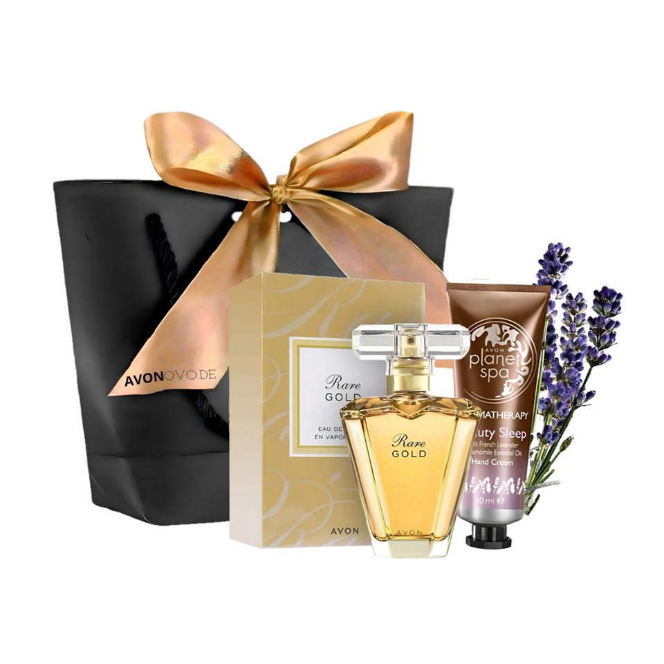 AVON Cosmetics Eau de Parfum Rare Gold Spray 50 ml Duft Spa Handcreme Geschenkset für Damen, 4-tlg., besondere Anlässe, Sinnliche Basisnoten Bernstein, Holz und Vanille