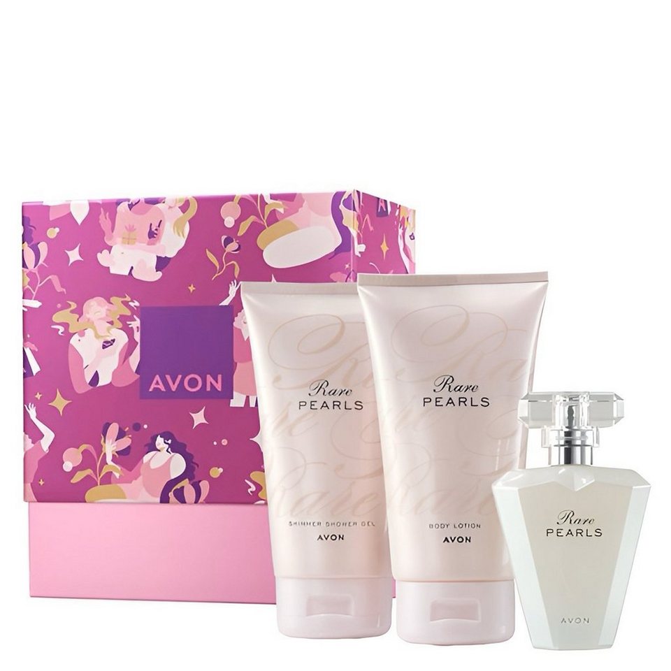 AVON Cosmetics Eau de Parfum Rare Pearls 50ml Körperlotion 150ml, Duschgel 150ml Geschenkset, 3-tlg., Elegante, AVON True Powerstay Foundation, Lang anhaltende Frische.