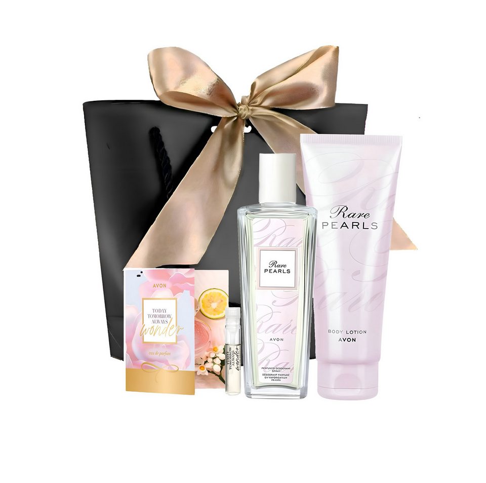 AVON Cosmetics Eau de Parfum Rare Pearls Spray 50ml Body Lotion 125ml Noten Magnolie Rosenholz, 4-tlg., Damenduft Parfüm Set Frauen Duft, Langanhaltend Geschenkset