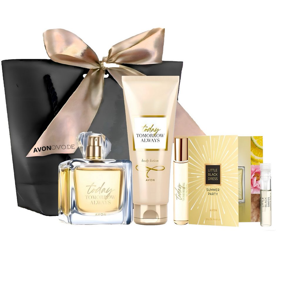 AVON Cosmetics Eau de Parfum TODAY Geschenkset 100 ml, Körperlotion 125 ml, Taschenspray 10 ml, 5-tlg., frischer Duft mit sinnlicher Tiefe in eleganter Geschenktasche