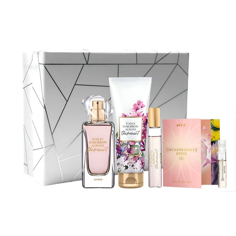 AVON Cosmetics Eau de Parfum TTA THE MOMENT 50ml Taschenspray 10ml Körperlotion 125ml Geschenkbox, 5-tlg., Hautpflege, Today Tomorrow Always Serie, Luxusduft