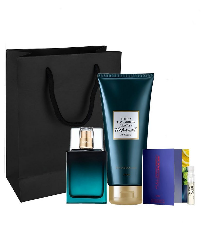 AVON Cosmetics Eau de Parfum TTA THE MOMENT Eau de Toilette Spray 75 ml Shampoo & Duschgel für Ihn, 4-tlg., Einzigartige Duftkomposition Hochwertige Duft Geschenkidee
