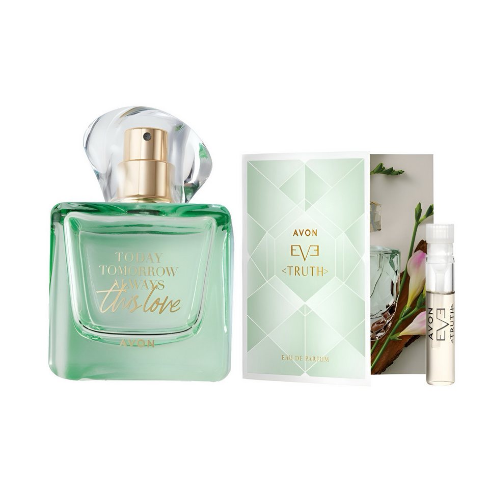 AVON Cosmetics Eau de Parfum TTA THIS LOVE 50ml, Langlebiger Damenduft, Duftprobe inklusive, 2-tlg., Einzigartige Duftkomposition, Geschenk Parfüm für Damen
