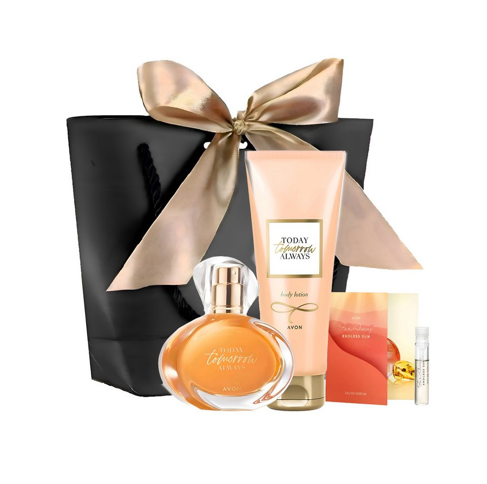 AVON Cosmetics Eau de Parfum TTA TOMORROW 50 ml, Körperlotion 125 ml, Geschenk Parfum Damen, 4-tlg., Exklusiver, langanhaltender blumig-holziger Duft mit Geschenktasche.
