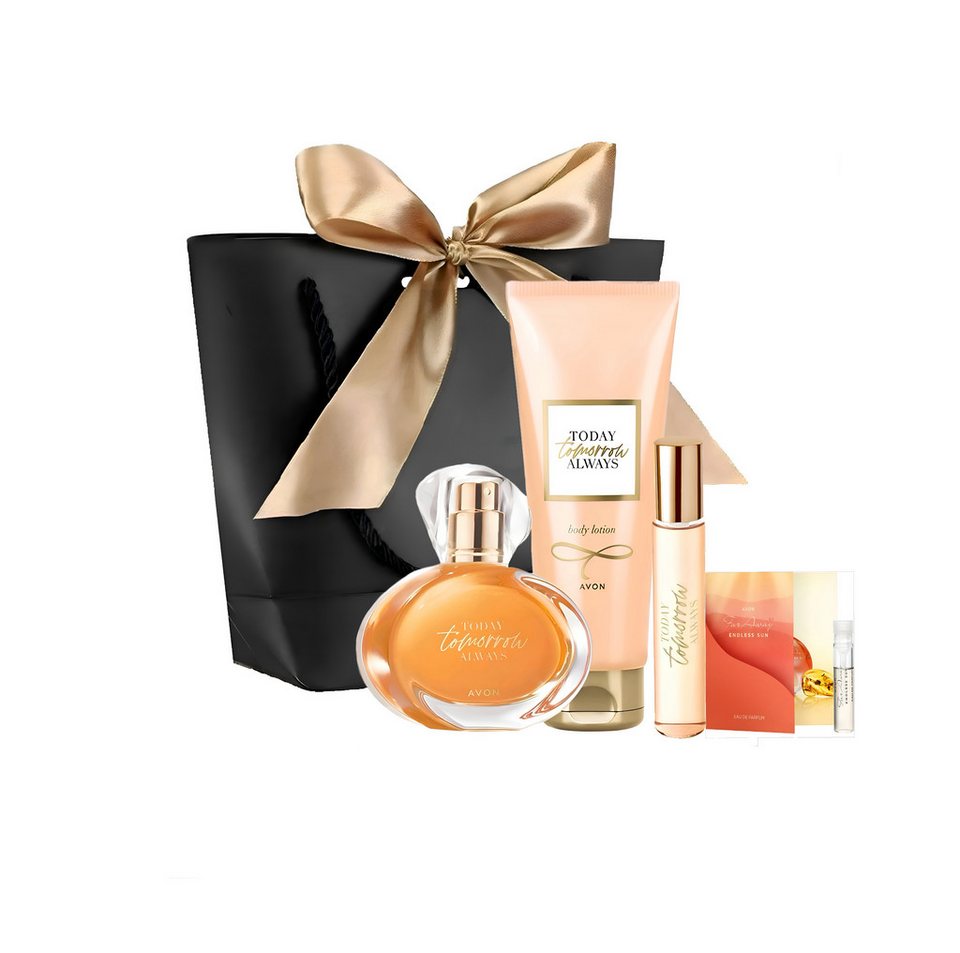 AVON Cosmetics Eau de Parfum TTA Tomorrow 50ml Taschenspray 10ml Körperlotion 125ml Duft Geschenk, 5-tlg., Pflege und Feuchtigkeit, Duftnoten von Pfeffer, Pfirsich, Patschuli.