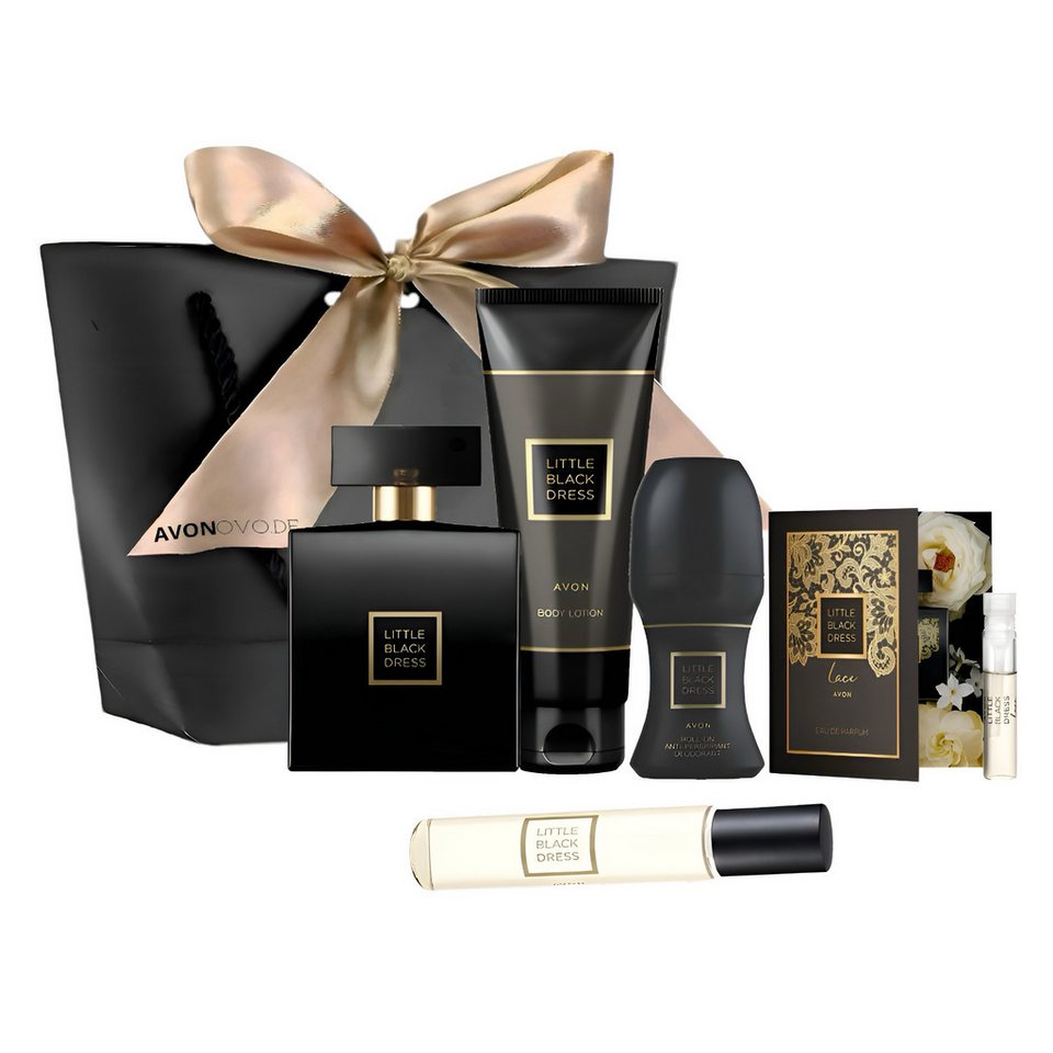AVON Cosmetics Pflege-Geschenkset LITTLE BLACK DRESS Parfüm Spray 50ml, Taschenspray 10 ml, Bodylotion 125 ml, Deoroller 50 ml, Damenmode, Luxusduft, Blumiger, Modeklassiker., 6-tlg., Damenparfum, Hautpflege, Blumiger Duft, Duftklassiker