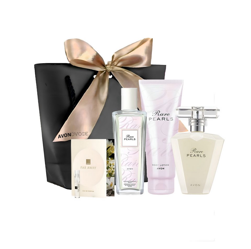 AVON Cosmetics Pflege-Geschenkset RARE PEARLS Eau de Parfum 50 ml, Körperlotion 125 ml, Deospray 75 ml Geschenkset, 5-tlg., Geschenkidee, Exklusiver Duft, Pflege und Eleganz