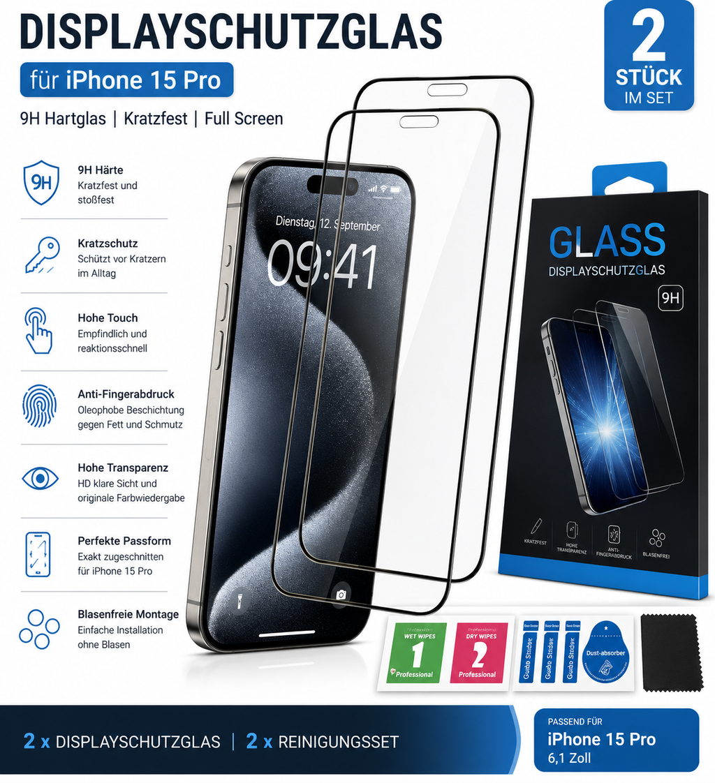 Displayschutzglas für iPhone 15 Pro – 2 Stück 9H Hartglas Full Screen Kratzfest